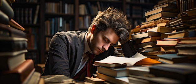 Foto estudiante que trabaja todo el día en una habitación durmiendo en una pila de libros hombre durmiendo durante la clase después de estar despierto toda la noche