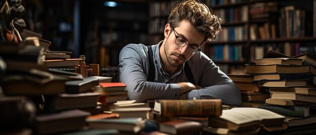 Estudiante que trabaja todo el día en una habitación durmiendo en una pila de libros Hombre durmiendo durante la clase después de estar despierto toda la noche