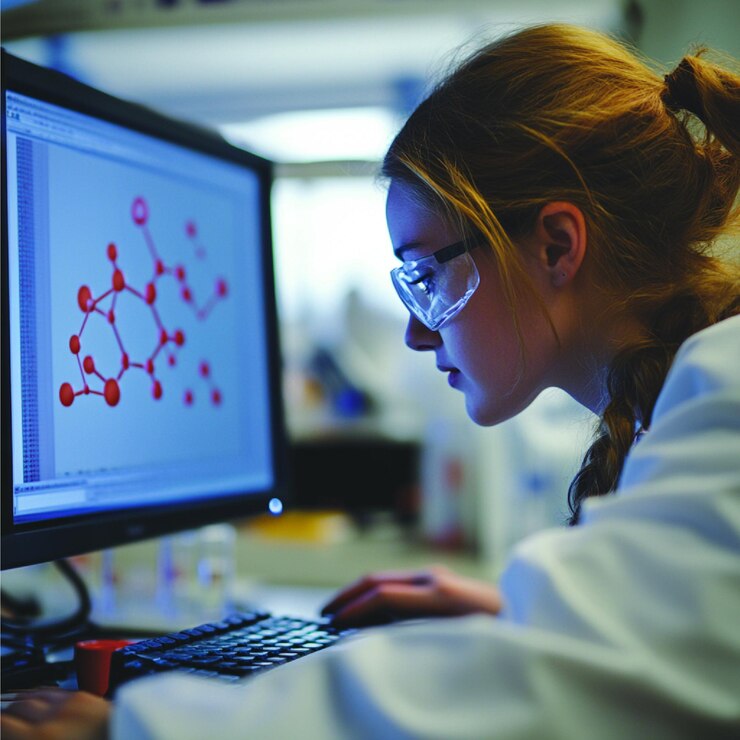 Foto un estudiante de química estudiando modelos moleculares en una pantalla de computadora