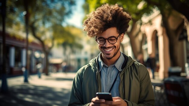 Foto estudiante satisfecho y riendo leyendo noticias o un mensaje en un teléfono inteligente