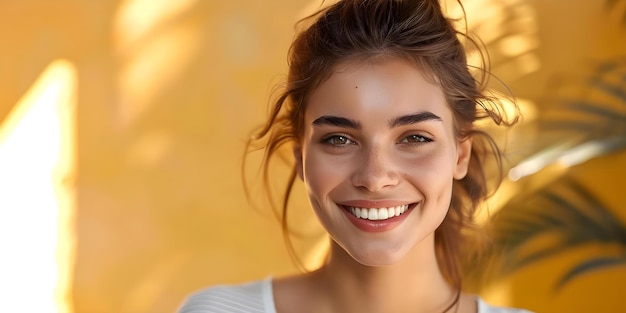 Estudiante seguro sonriendo serenamente con ropa casual contra un fondo beige Fotografía de retrato conceptual Vestido casual Con fondo beige Sonrisa serena Estudiante seguro