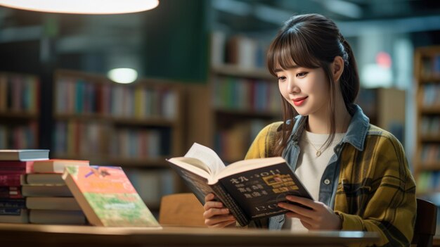 Foto estudiante sentada frente a estanterías de libros en la biblioteca de la universidad y leyendo un libro