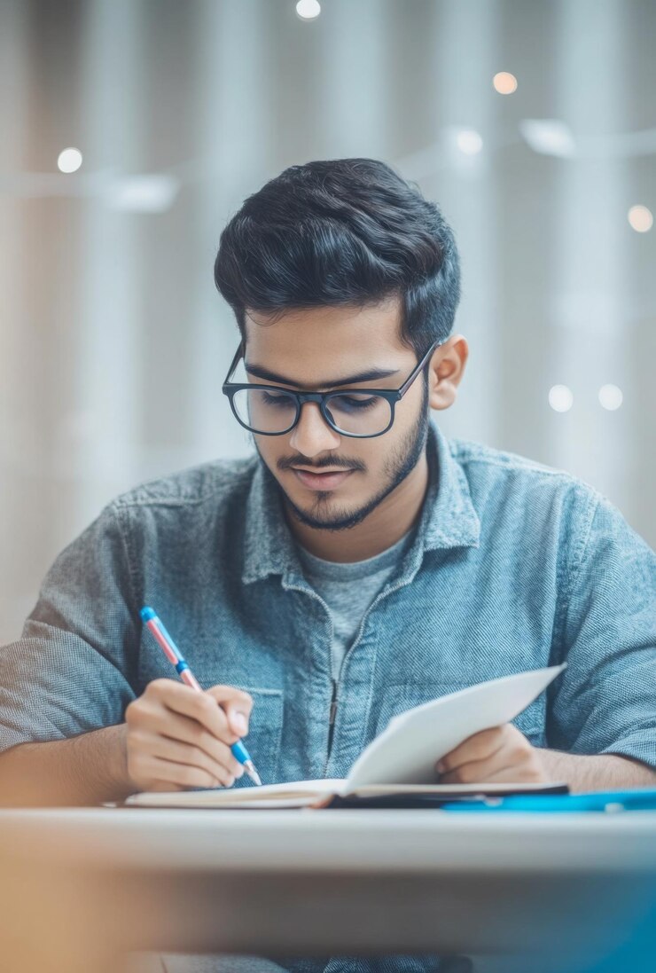Un estudiante sentado en un escritorio escribiendo en un cuaderno con espacio de copia arriba y abajo