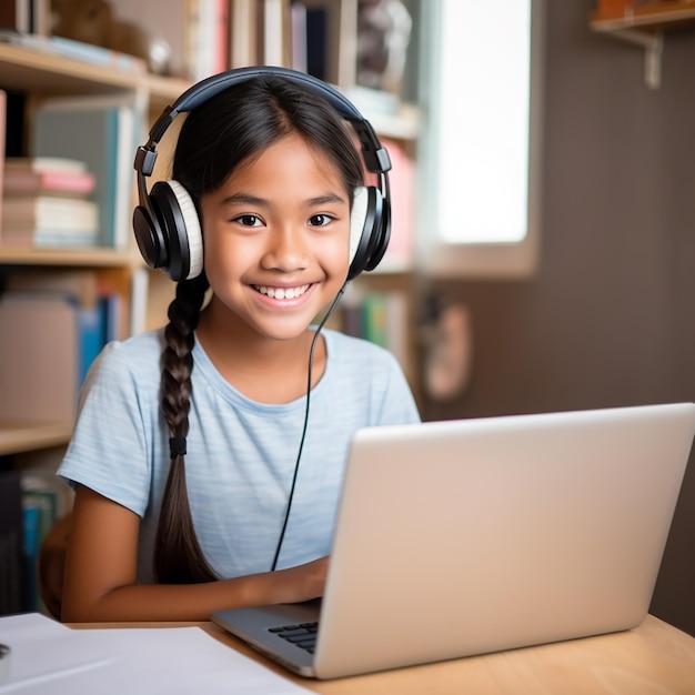 estudiante sentado en la mesa usando auriculares cuando estudia