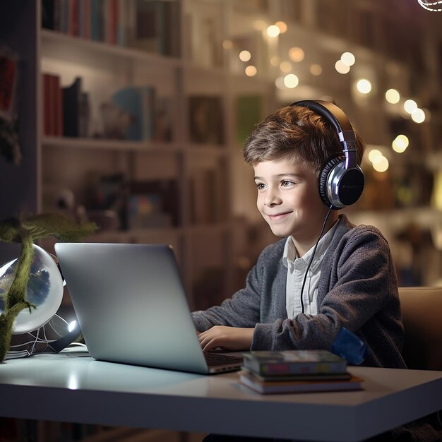 estudiante sentado en la mesa usando auriculares cuando estudia