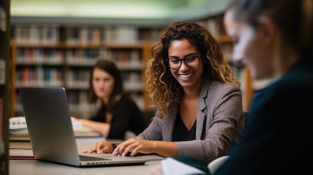 Una estudiante se sienta frente a una computadora en la biblioteca preparándose para una conferencia en línea