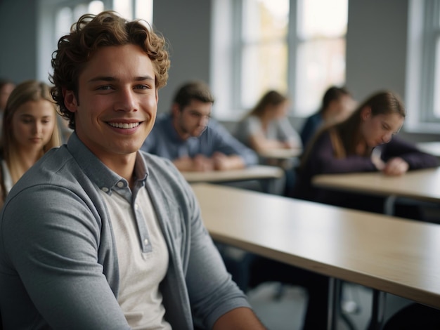 Un estudiante se sienta en una sala de clases de la universidad mirando hacia otro lado y sonriendo