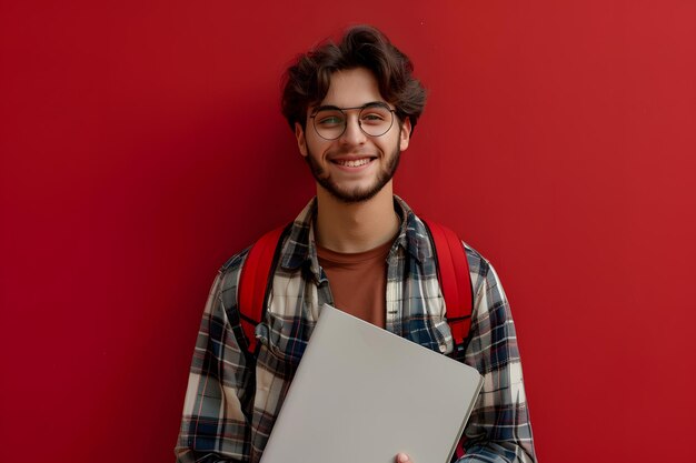 Estudiante sonriente con una computadora portátil contra una pared roja audaz