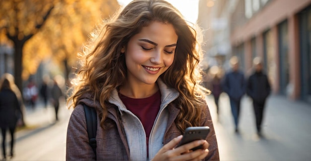 Una estudiante sonriente enviando mensajes de texto activamente en su teléfono móvil al aire libre encarnando el concepto