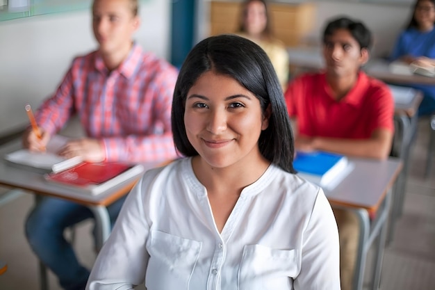 Estudiante sonriente haciendo gestos en el aula Amigos adolescentes hablando mientras estudian en la escuela secundaria