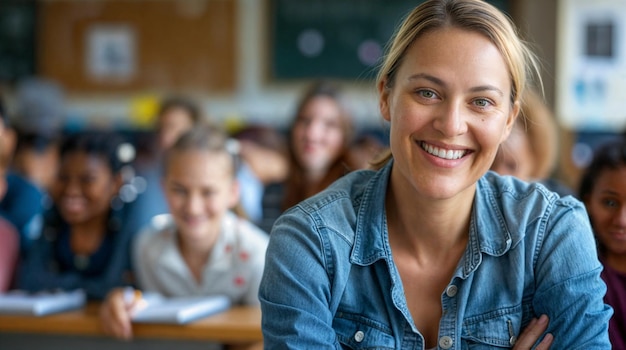 una estudiante sonriente se sienta en un aula con otros estudiantes en el fondo