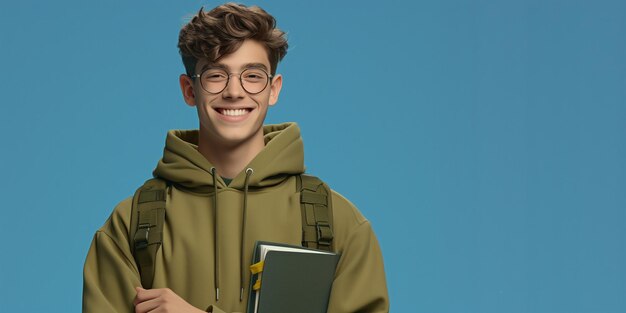 estudiante sosteniendo cuadernos con mochila de pie aislado en fondo azul