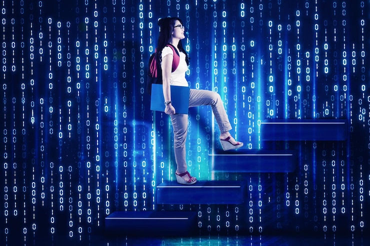 Foto estudiante subiendo escaleras con código binario