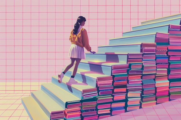 Foto estudiante subiendo las escaleras de los libros