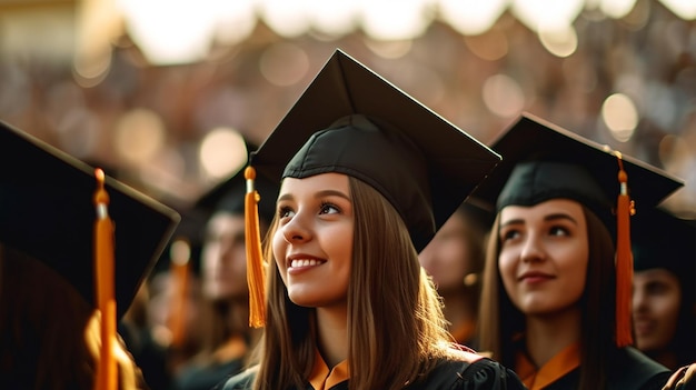 Un estudiante con toga y birrete de graduación se para en un salón lleno de gente