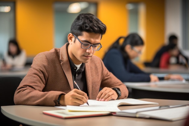 Estudiante tomando notas diligentemente en un aula