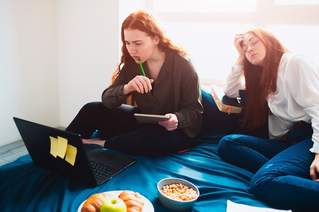 Una estudiante está trabajando cuidadosamente con una computadora portátil, y la segunda joven se quedó dormida. dos estudiantes pelirrojos estudian en casa o en un dormitorio estudiantil. se están preparando para los exámenes