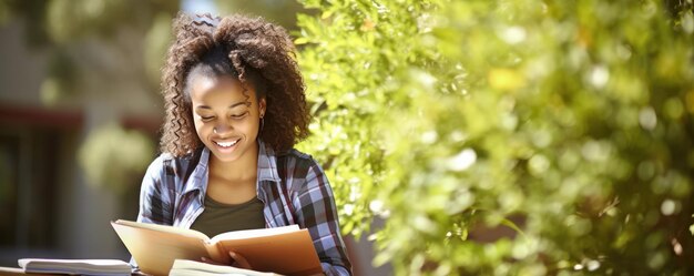 Una estudiante universitaria estudiando al aire libre con una pila de libros