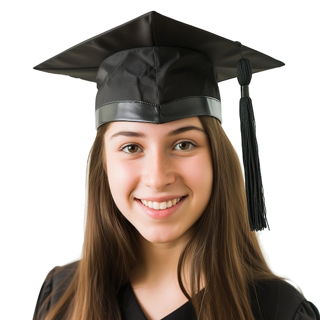 Foto estudiante universitaria graduada mujer sonriendo con una gorra de graduación aislada sobre un fondo blanco