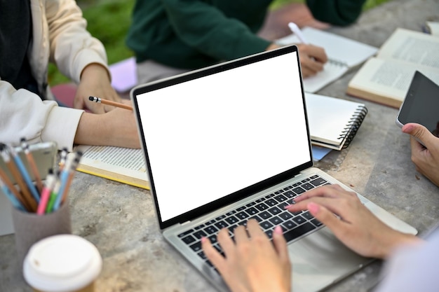 Una estudiante universitaria que usa su computadora portátil y hace un proyecto escolar con sus amigos en el parque