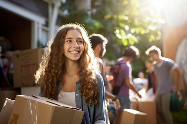 estudiante universitaria sacando sus cosas de la casa