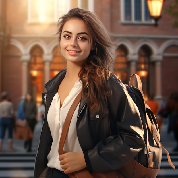 Estudiante universitario casualmente de moda con sonrisa auténtica y mochila