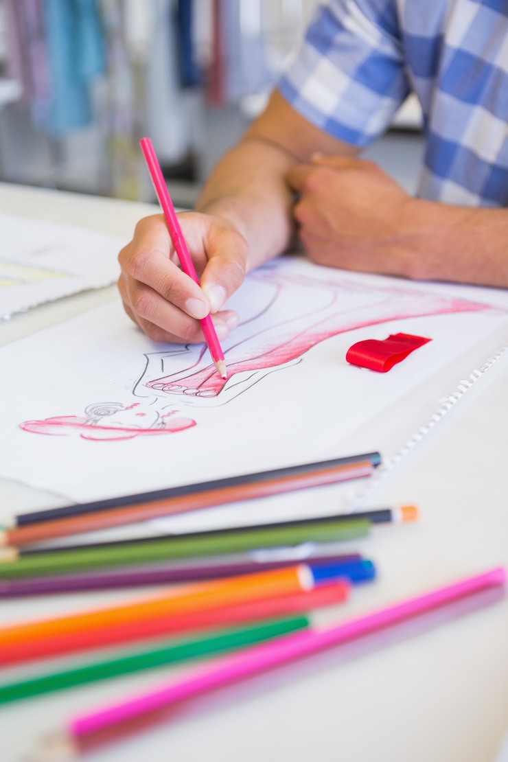 Foto estudiante universitario, dibujo con lápiz de color