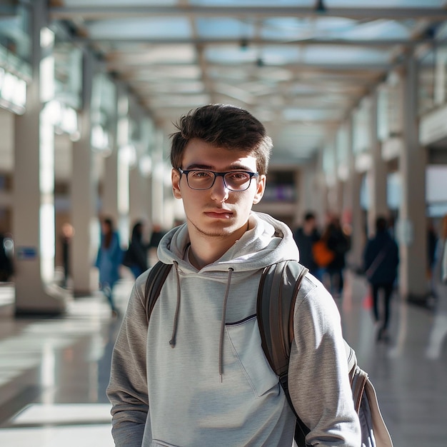 Foto estudiante universitario feliz yendo a una clase en la universidad y mirando a la cámara