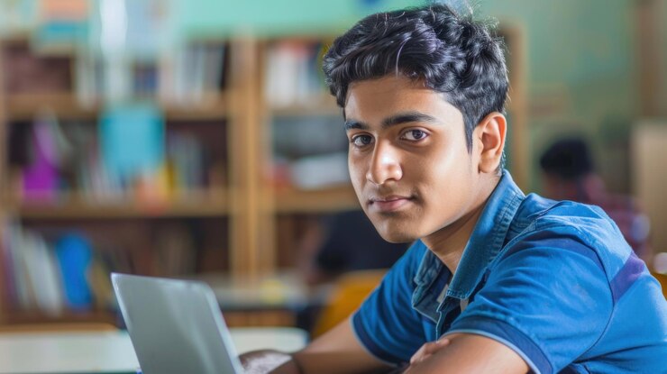 Un estudiante universitario indio trabajando en una computadora portátil en un aula