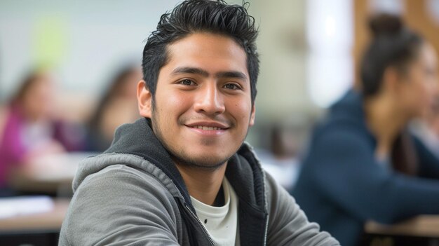 Foto estudiante universitario latino sentado en una clase sonriendo