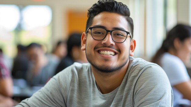 Foto estudiante universitario latino sentado en una clase sonriendo