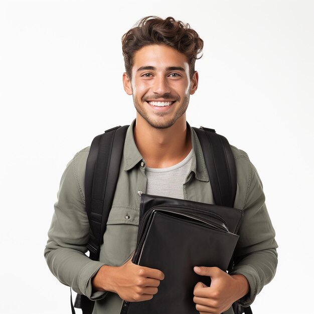 Foto un estudiante universitario lleva libros aislados en un fondo blanco