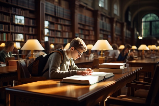 Foto el estudiante universitario multitarea haciendo malabarismos con los estudios y el trabajo en la biblioteca