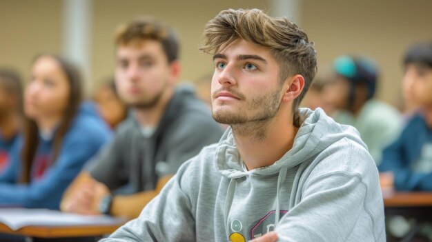 Un estudiante universitario participando en una discusión en clase