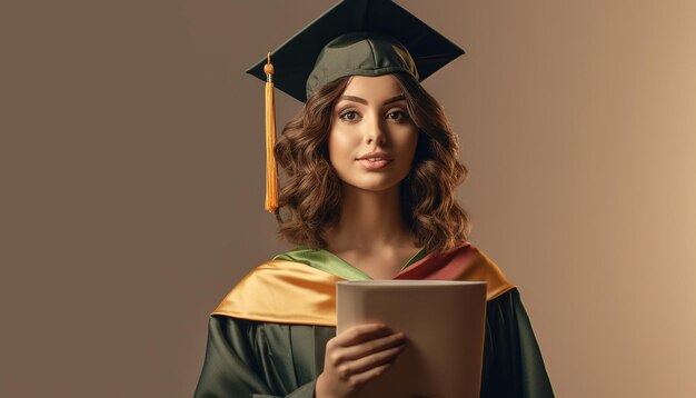 Un estudiante universitario sostiene un libro Concepto de graduación y éxito Sesión de fotos profesional