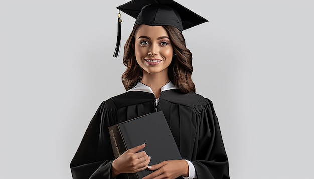 Un estudiante universitario sostiene un libro Concepto de graduación y éxito Sesión de fotos profesional