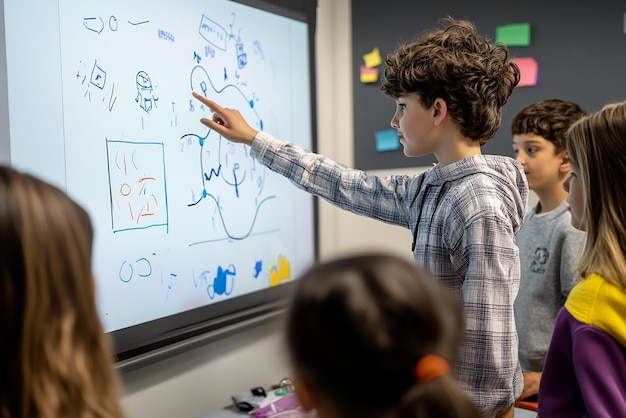 Estudiante usando una pizarra interactiva para resolver un problema