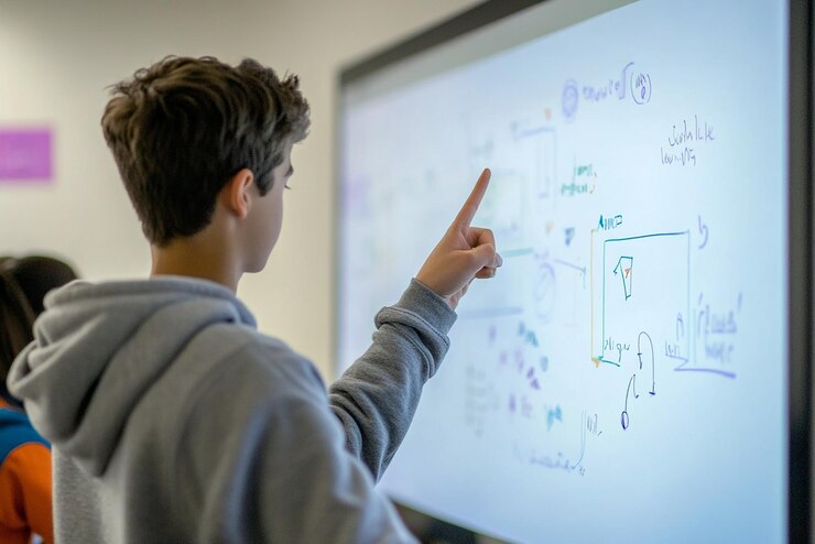 Foto estudiante usando una pizarra interactiva para resolver un problema