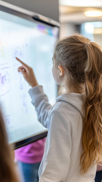 Estudiante usando una pizarra interactiva para resolver un problema
