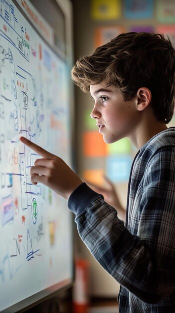 Estudiante usando una pizarra interactiva para resolver un problema