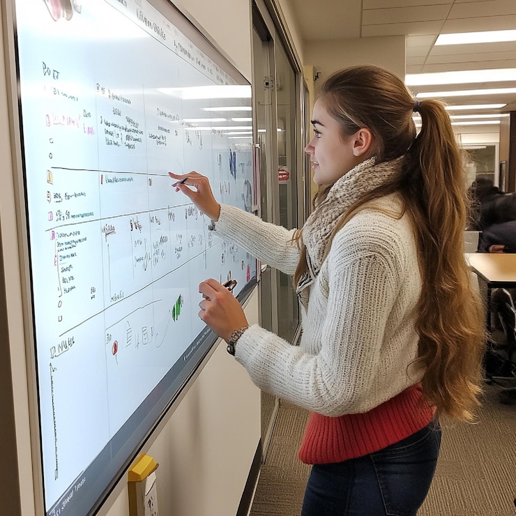Foto un estudiante usando una pizarra para organizar y planear sus sesiones de estudio