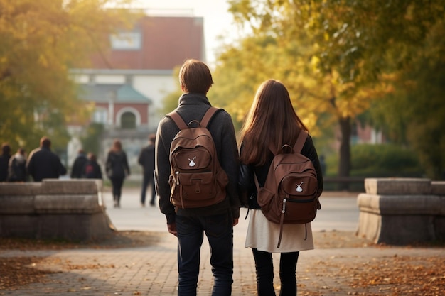 Estudiantes adolescentes irreconocibles en la vista trasera del campus de la escuela secundaria