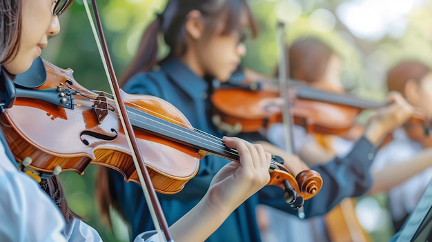 Estudiantes adolescentes practicando violín al aire libre en un club de música juvenil que hace hincapié en los aspectos artísticos y educativos