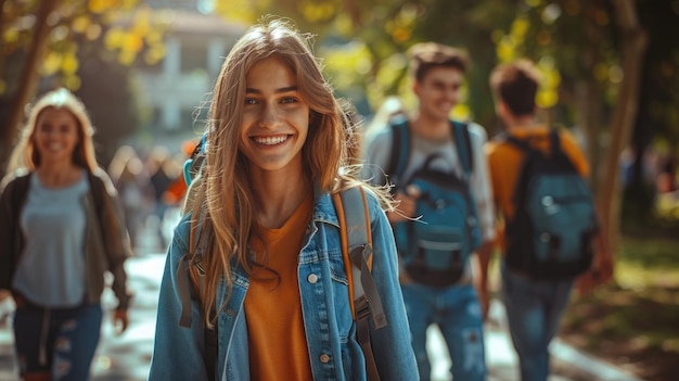 Estudiantes alegres caminando juntos después de la escuela