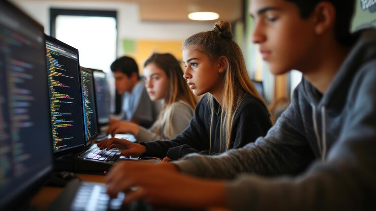 Foto estudiantes aprendiendo a codificar