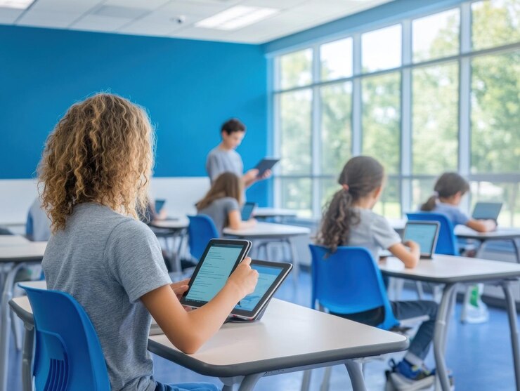 Estudiantes aprendiendo con tabletas