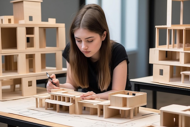 Los estudiantes de arquitectura de pregrado trabajan en modelos de la casa de caja moderna sosteniendo la parte del modelo mientras piensan en conceptos de construcción