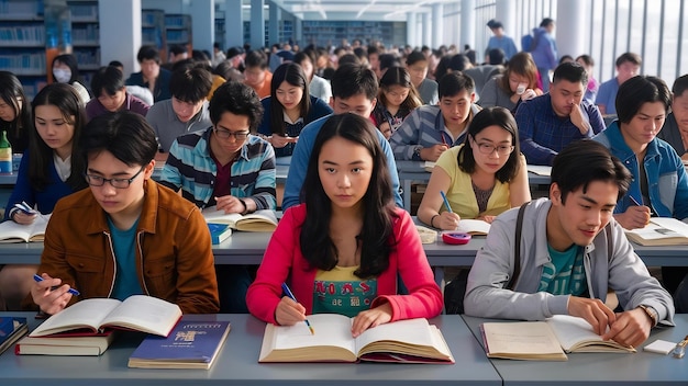 Estudiantes asiáticos en la universidad leyendo un libro