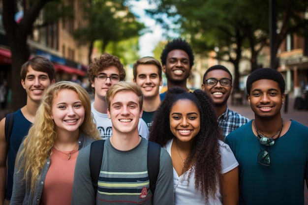 estudiantes en una calle con uno de ellos usando gafas