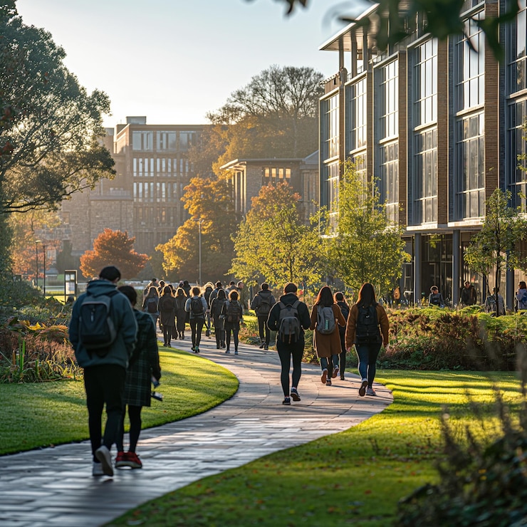 Foto estudiantes caminando por el campus universitario